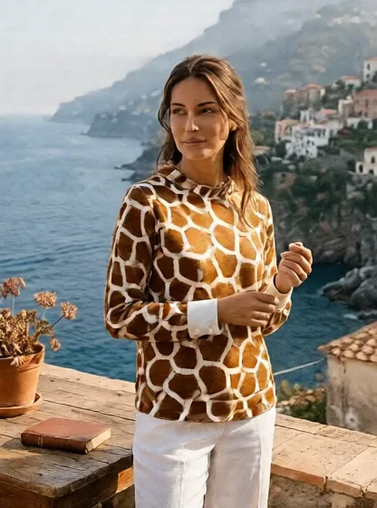 Giraffe Print Pull over with flat collar.